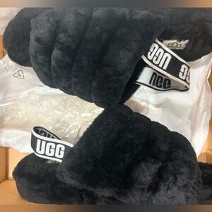 UGG Black Fuzzy Slide Sandals with Branded Elastic Strap